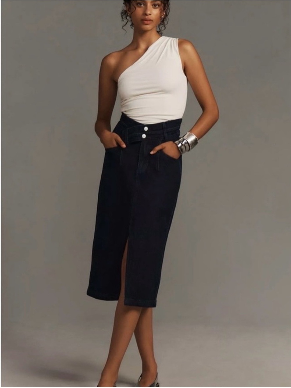 Anthropologie Pilcro Arden Double Waist Midi Jean Skirt Dark Denim NWOT - Picture 10 of 13